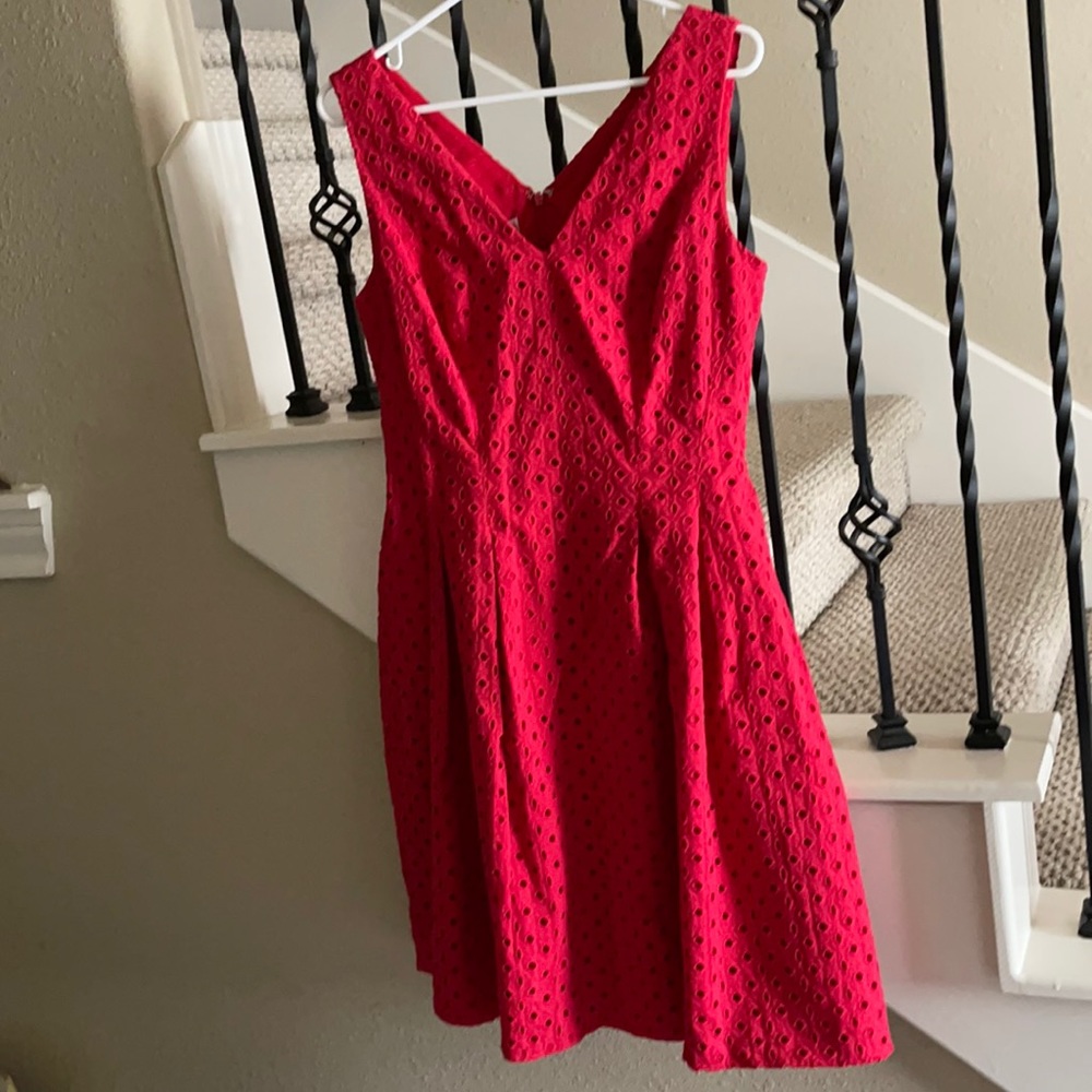 Kay Unger Sz 10 Red, eyelet sleeveless dress.